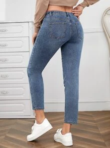 SHEIN Maternity Contrast Panel Mom Fit Jeans - Medium Wash - View 3