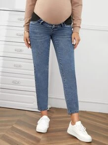 SHEIN Maternity Contrast Panel Mom Fit Jeans - Medium Wash - View 4