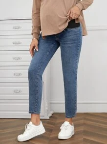 SHEIN Maternity Contrast Panel Mom Fit Jeans - Medium Wash - View 2