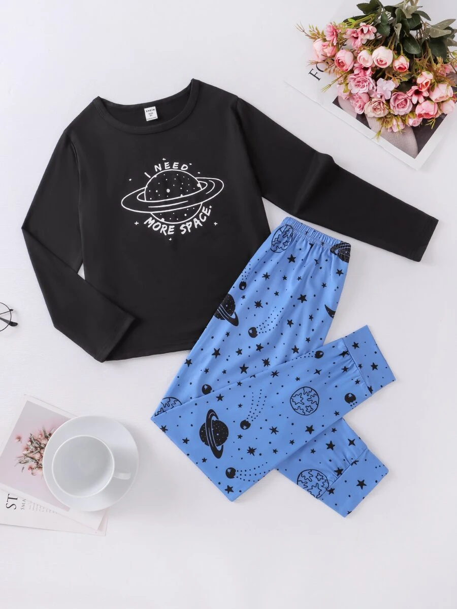 Girls Planet & Slogan Graphic PJ Set - Multicolor - View 1