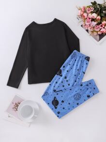 Girls Planet & Slogan Graphic PJ Set - Multicolor - View 2