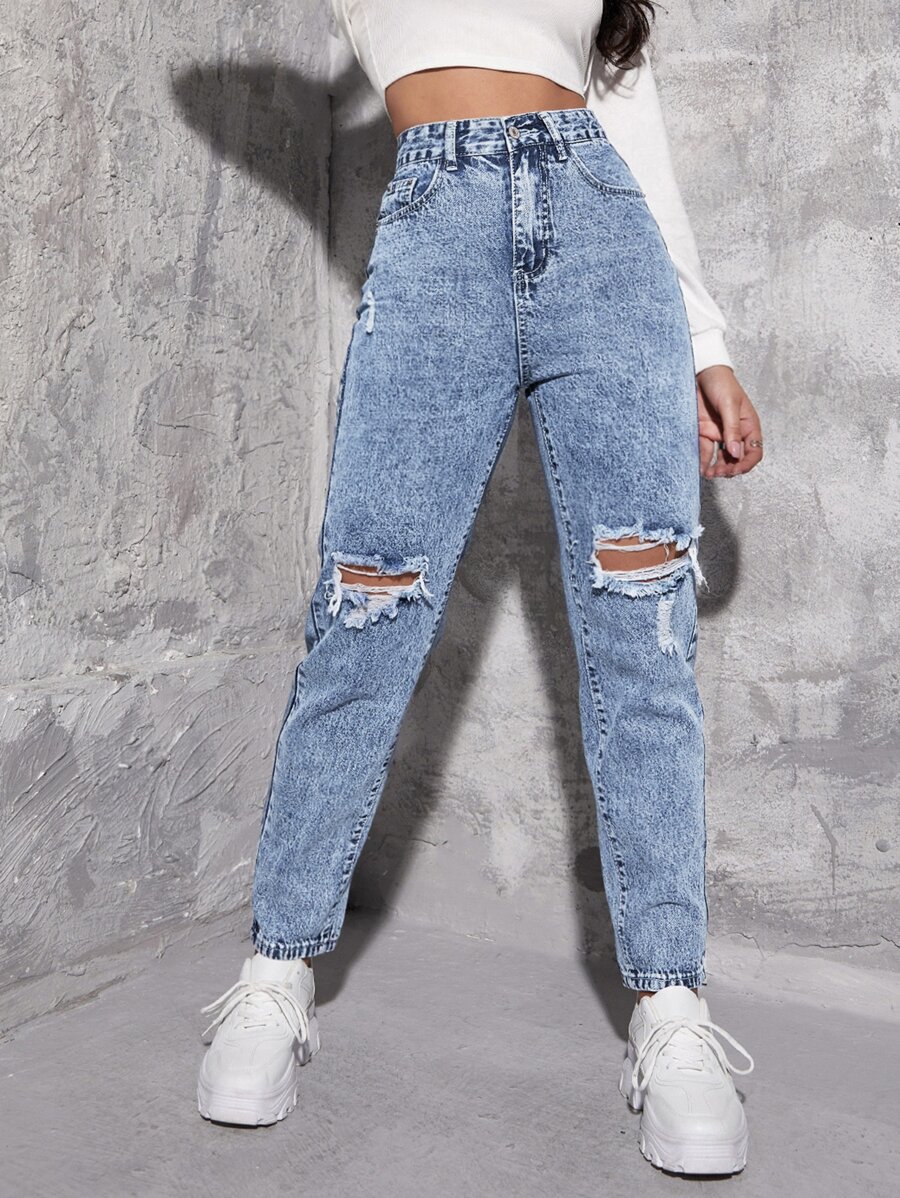 SHEIN ICON Women's Casual Daily Commute Fashion Street High Waist Ripped Skinny Jeans - Light Wash - View 1