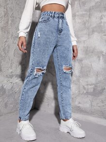 SHEIN ICON Women's Casual Daily Commute Fashion Street High Waist Ripped Skinny Jeans - Light Wash - View 5