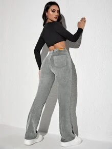 SHEIN Unity Quần nữ Nút Đắp vá Dây kéo màu trơn Giải trí - Xám - Xem 2