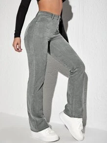 SHEIN Unity Quần nữ Nút Đắp vá Dây kéo màu trơn Giải trí - Xám - Xem 3