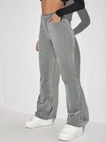 SHEIN Unity Quần nữ Nút Đắp vá Dây kéo màu trơn Giải trí - Xám - Xem 4