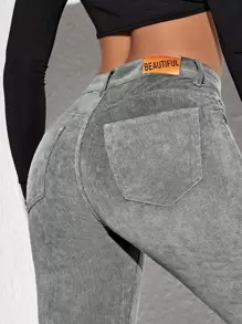 SHEIN Unity Quần nữ Nút Đắp vá Dây kéo màu trơn Giải trí - Xám - Xem 5