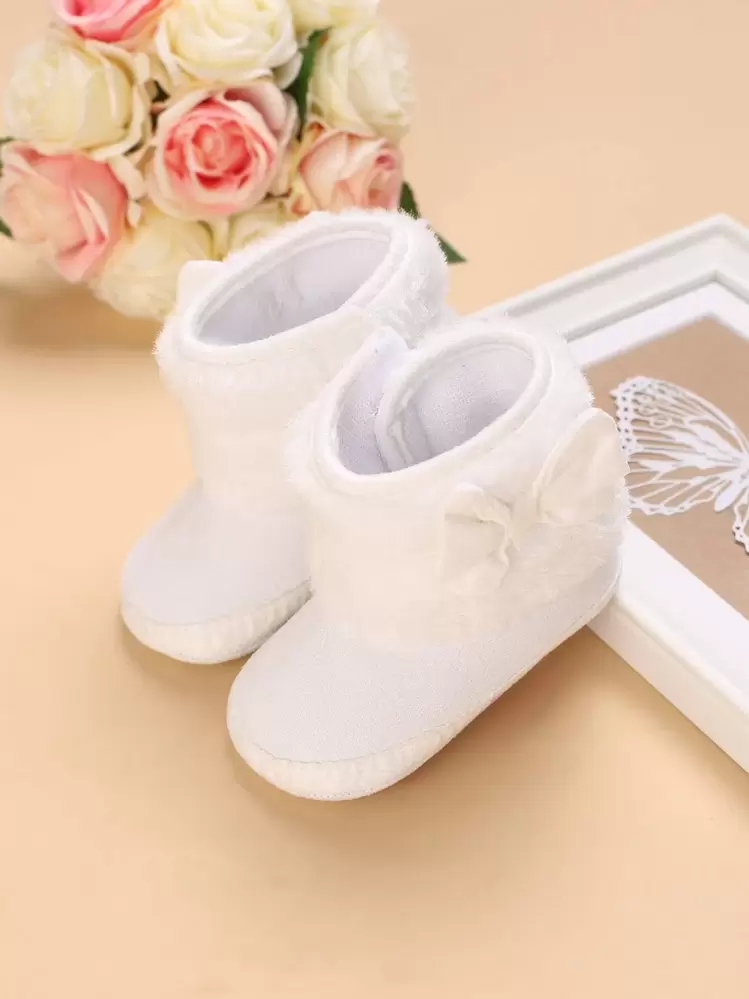 Preppy White Snow Boots For Baby Girls, Bow Decor Hook-and-loop Fastener Boots - White - View 1