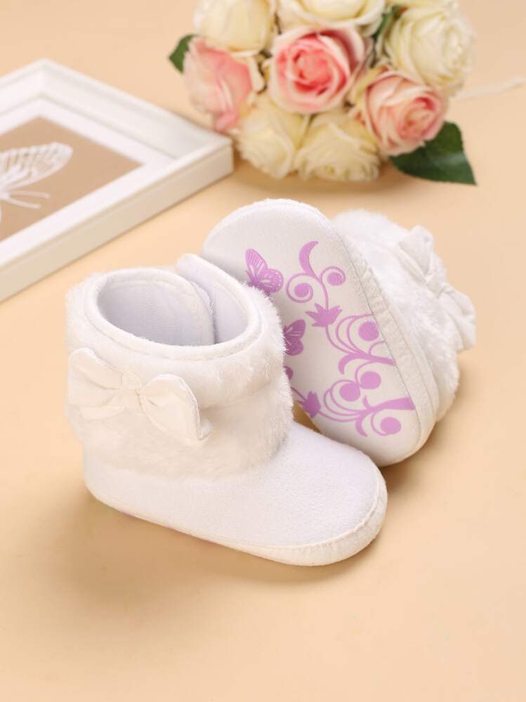 Preppy White Snow Boots For Baby Girls, Bow Decor Hook-and-loop Fastener Boots - White - View 2