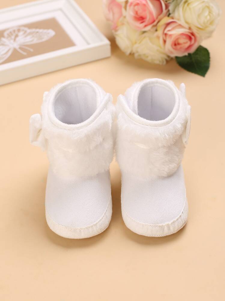 Preppy White Snow Boots For Baby Girls, Bow Decor Hook-and-loop Fastener Boots - White - View 4