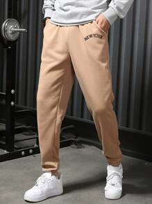 Manfinity Homme 男士字母圖案腰部抽繩衛褲 - 卡其色 - 查看 1