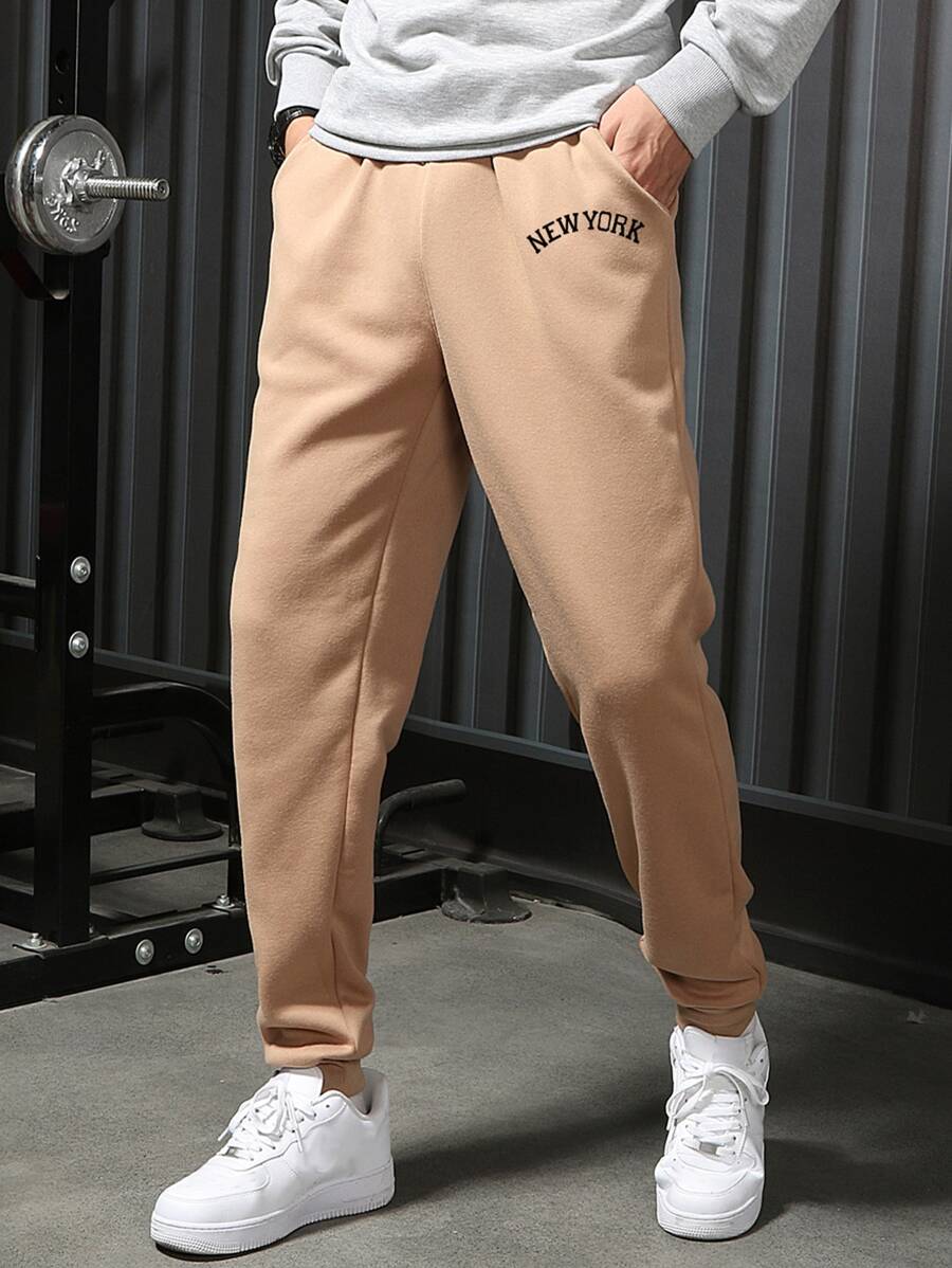 Manfinity Homme 男士字母圖案腰部抽繩衛褲 - 卡其色 - 查看 1