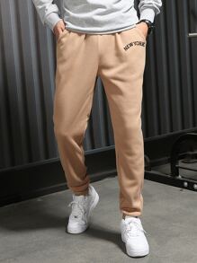 Manfinity Homme 男士字母圖案腰部抽繩衛褲 - 卡其色 - 查看 3