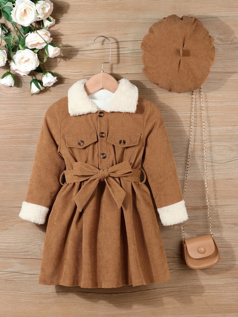 SHEIN 少女博格領帶式灰色灯芯絨裙