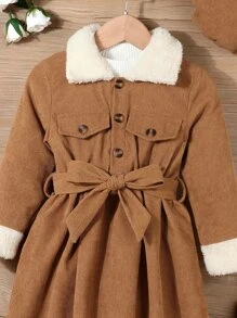 SHEIN 少女博格領帶式灰色灯芯絨裙