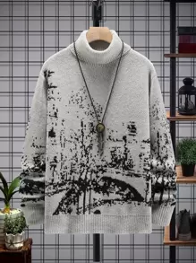 Manfinity Hombres Jersey con patrón de dibujo cuello alto - Gris - Ver 1