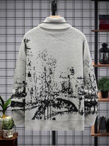 Manfinity Hombres Jersey con patrón de dibujo cuello alto - Gris - Ver 2