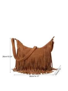 流苏边大容量流浪包，母亲节送给妈妈的礼物 - 棕色 - 查看 4