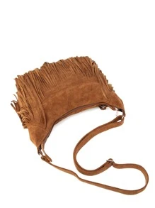 流苏边大容量流浪包，母亲节送给妈妈的礼物 - 棕色 - 查看 6