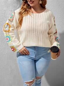 SHEIN LUNE 大碼花卉圖案勾織網眼針織套頭毛衣 - 米色 - 查看 1