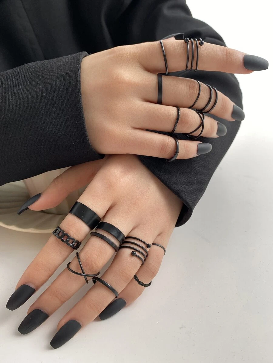 16 chiếc/bộ nhẫn xếp chồng hình học phong cách ngẫu nhiên - màu đen - Xem 1