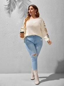 SHEIN LUNE 大碼花卉圖案勾織網眼針織套頭毛衣 - 米色 - 查看 4