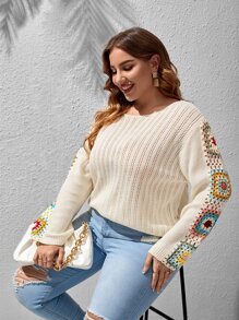 SHEIN LUNE 大碼花卉圖案勾織網眼針織套頭毛衣 - 米色 - 查看 5