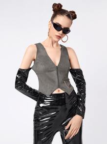 CLOSET EXCLUSIVES 拉鏈開襟不對稱下擺上衣 - 深灰色 - 查看 1