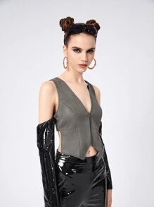 CLOSET EXCLUSIVES 拉鏈開襟不對稱下擺上衣 - 深灰色 - 查看 5