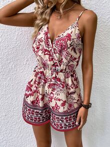 Floral Print Surplice Neck Cami Romper - Apricot - View 4