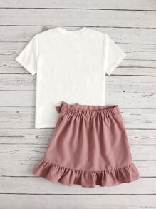 SHEIN Fille T-shirt à lettre à léopard & Jupe portefeuille à volants à nœud