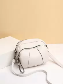 Mini Litchi Embossed Contrast Piping Crossbody Bag - White - View 1