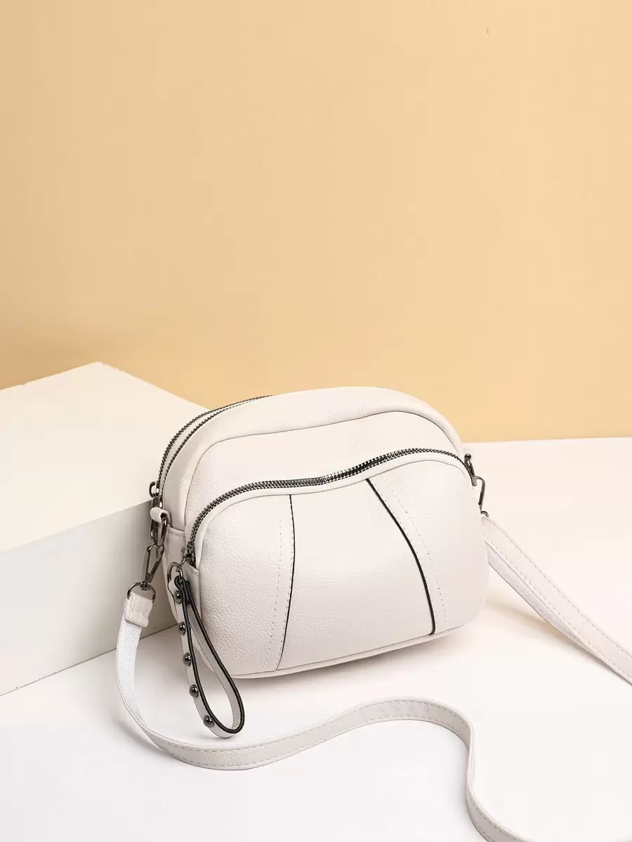 Mini Litchi Embossed Contrast Piping Crossbody Bag - White - View 1