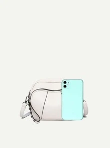 Mini Litchi Embossed Contrast Piping Crossbody Bag - White - View 3