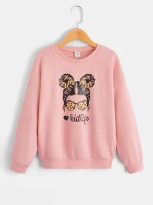 SHEIN Girls Letter & Figure Graphic Drop Shoulder Sweatshirt - Coral Pink - View 1