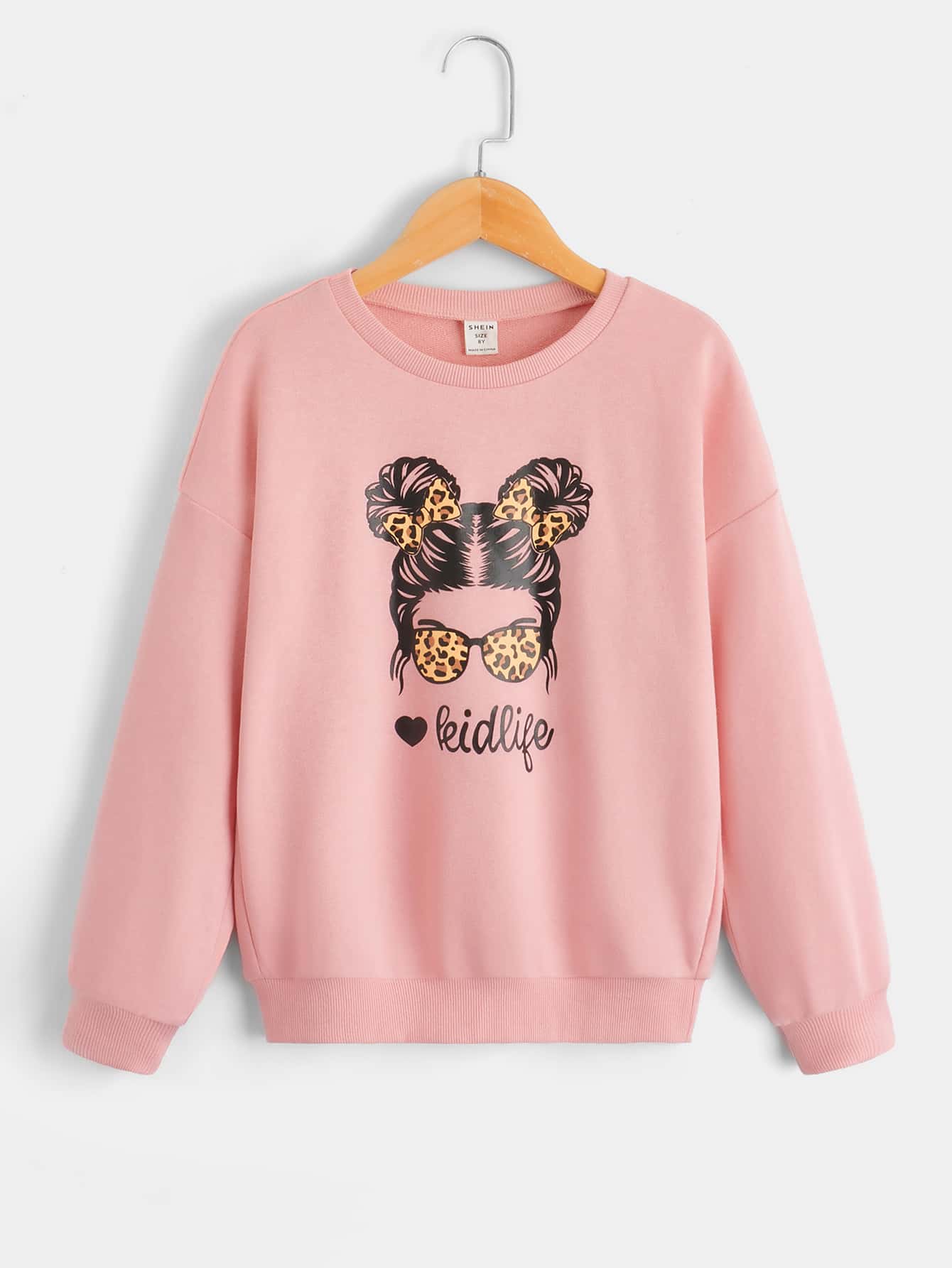 SHEIN Girls Letter & Figure Graphic Drop Shoulder Sweatshirt - Coral Pink - View 1