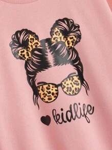 SHEIN Girls Letter & Figure Graphic Drop Shoulder Sweatshirt - Coral Pink - View 3