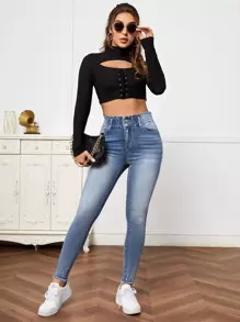 EMERY ROSE 破洞磨損邊漂白水洗紙袋腰緊身牛仔褲 - 中等水洗藍 - 查看 4