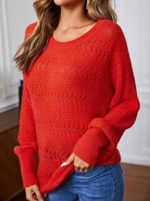 Dolman Sleeve Textured Knit Sweater - Red - View 3