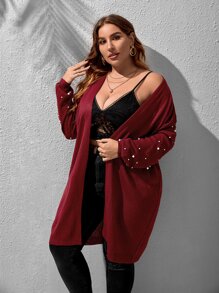 SHEIN LUNE áo hở cổ kích thước lớn Ngọc trai cườm đính màu trơn Giải trí - Màu Đỏ Sâu - Xem 6