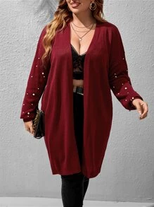 SHEIN LUNE áo hở cổ kích thước lớn Ngọc trai cườm đính màu trơn Giải trí - Màu Đỏ Sâu - Xem 3