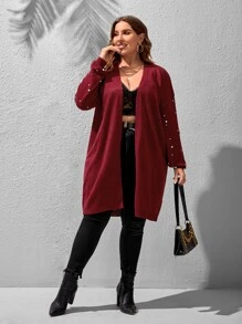 SHEIN LUNE áo hở cổ kích thước lớn Ngọc trai cườm đính màu trơn Giải trí - Màu Đỏ Sâu - Xem 5