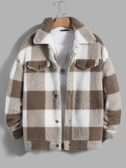 Guys Buffalo Plaid Pattern Drop Shoulder Teddy Jacket Without Tee