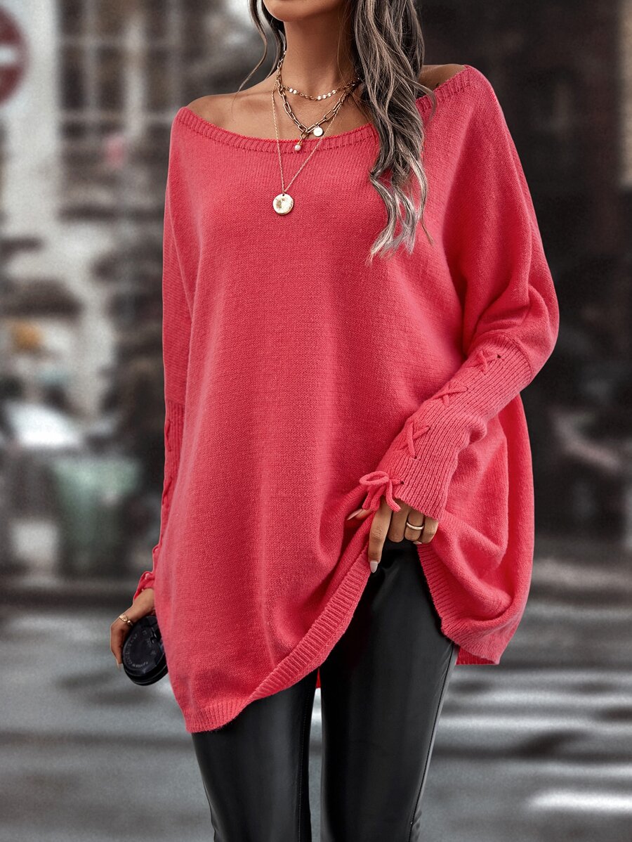 SHEIN LUNE 船領繫帶袖口蝙蝠袖套頭毛衣不附腰帶 - 西瓜粉 - 查看 1