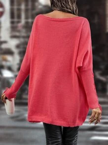 SHEIN LUNE 船領繫帶袖口蝙蝠袖套頭毛衣不附腰帶 - 西瓜粉 - 查看 2
