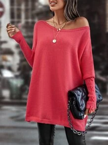 SHEIN LUNE 船領繫帶袖口蝙蝠袖套頭毛衣不附腰帶 - 西瓜粉 - 查看 3