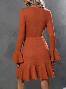 Vestido de manga con volante bajo con fruncido - Naranja Quemada - Ver 2