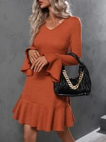 Vestido de manga con volante bajo con fruncido - Naranja Quemada - Ver 4