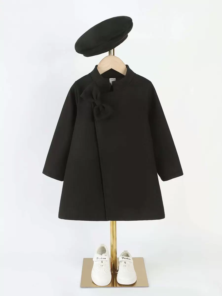 SHEIN Young Girl Bow Front Overcoat & Hat - Black - View 1