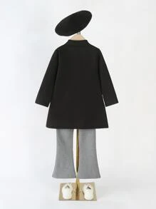 SHEIN Young Girl Bow Front Overcoat & Hat - Black - View 2